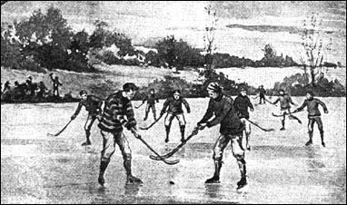 Drawing of Early Hockey 1890s Players in foreground involved in a "Bully"